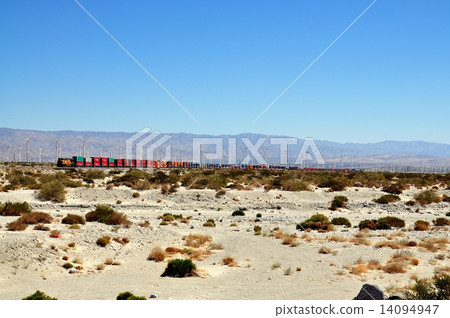 Wind power generation and long-distance train near California Palm Springs 14094947