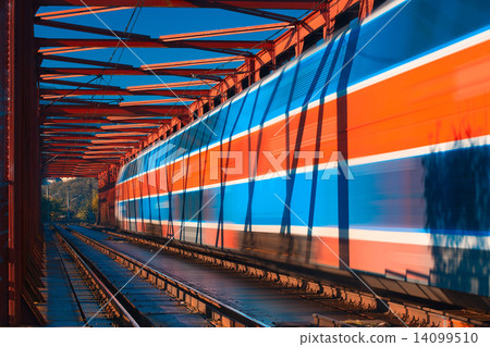 Abstract composition of moving train on the old railway bridge 14099510