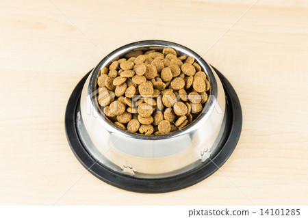 Dog Kibbles in a bowl on wooden floor Dog Kibbles in a bowl on wooden floor 14101285