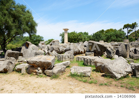 The Temple of Zeus ruins in ancient Olympia, Peloponnes, Greece The Temple of Zeus ruins in ancient Olympia, Peloponnes, Greece 14106906