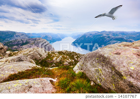 Mountains near the Preachers Pulpit Rock in fjord Lysefjord - No Mountains near the Preachers Pulpit Rock in fjord Lysefjord - No 14107767