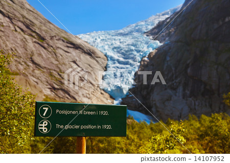 Sign - Melting Briksdal glacier - Norway 14107952
