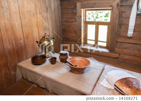 Interior of old rural wooden house in the museum of wooden archi 14108271