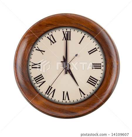 Vintage clockface showing five o'clock in wooden frame 14109607