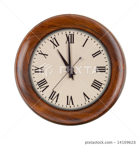 Vintage clockface showing eleven o'clock in wooden frame 14109628
