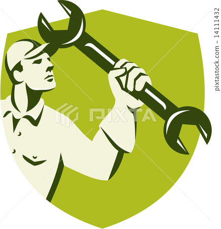 Mechanic Wielding Spanner Wrench Shield Retro 14111432