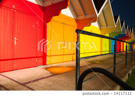 Beach huts at sunrise in Great Britain Beach huts at sunrise in Great Britain 14117111