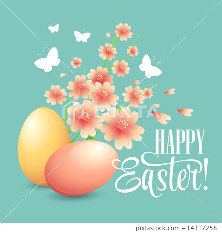 Easter card with eggs and flowers. Vector illustration 14117258