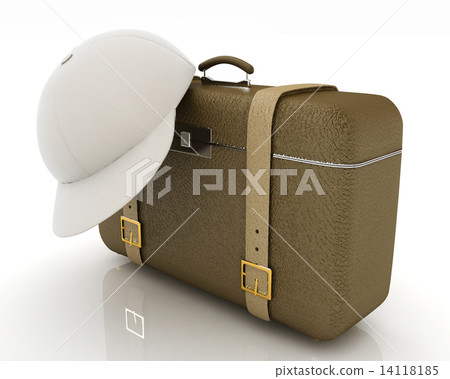 Brown traveler's suitcase and peaked cap Brown traveler's suitcase and peaked cap 14118185