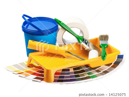 plastic can with paint, roller, brushes isolated on white 14125075