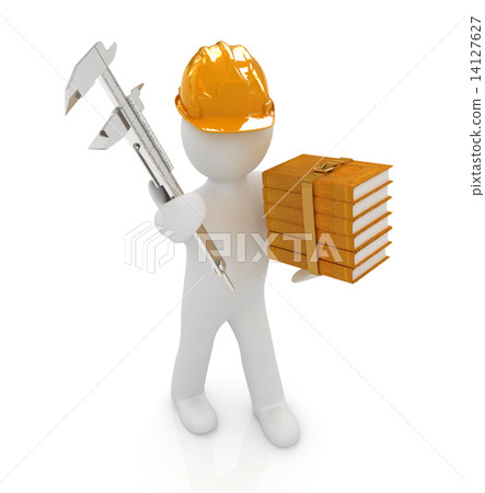 3d man engineer in hard hat with vernier caliper and best techni 14127627