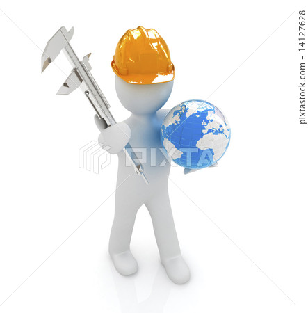 3d man engineer in hard hat with vernier caliper and Earth 3d man engineer in hard hat with vernier caliper and Earth 14127628