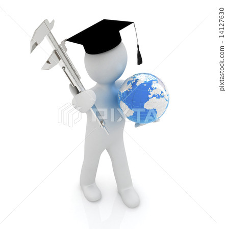 3d man in graduation hat with Earth and vernier caliper 14127630