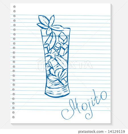 sketch of a mojito cocktail on notebook sheet 14129119