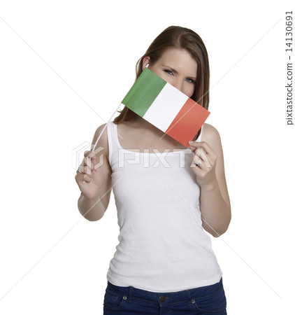Attractive woman hides her face behind flag of Italy in front of white background Attractive woman hides her face behind flag of Italy in front of white background 14130691