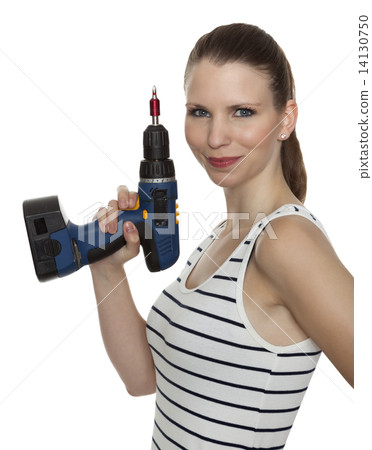 Young craftswoman with a power drill in front of white background Young craftswoman with a power drill in front of white background 14130750