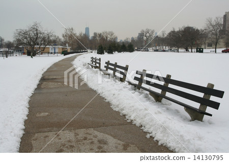bench and footpath with snowy in Chicago bench and footpath with snowy in Chicago 14130795