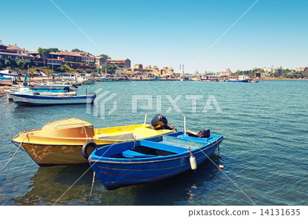 Small fishing boats moored in Nessebar town, Bulgaria 14131635