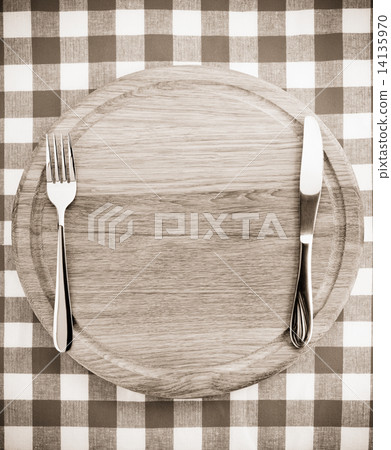 kitchen utensils at cutting board on napkin kitchen utensils at cutting board on napkin 14135970