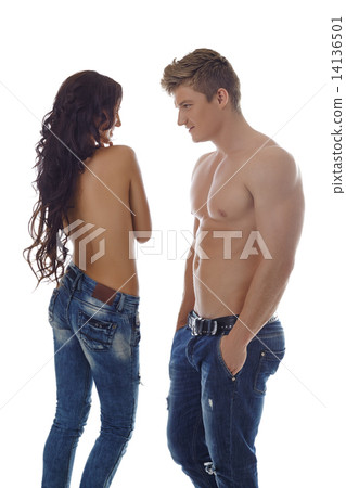 Image of hot topless models advertises jeans 14136501