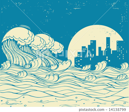 Big waves in night.Vector poster illustration on old paper textu 14138799