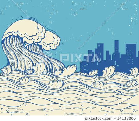 Big waves poster illustration on old paper texture Big waves poster illustration on old paper texture 14138800