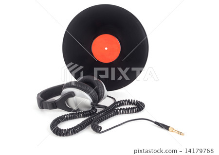 headphones next to vinyl records 14179768
