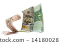 Russian currency ruble is standing on knees before dollar and euro  14180028