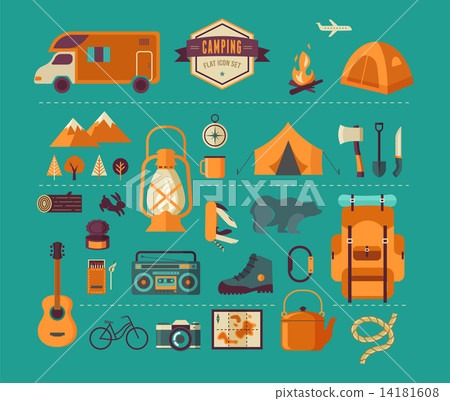 Hiking and camping equipment - icon set and... - Stock Illustration ...