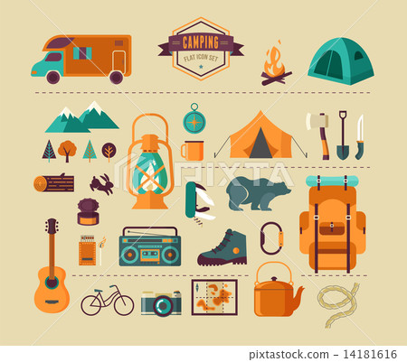 Hiking and camping equipment - icon set and... - Stock Illustration ...