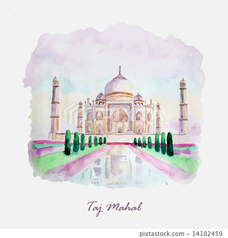 Watercolor Taj Mahal picture. India culture. 14182459