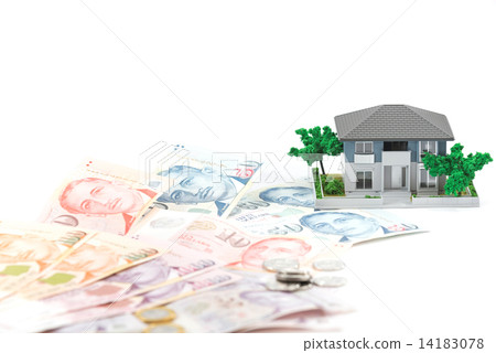 Miniature house with Singapore paper currency and coins 14183078