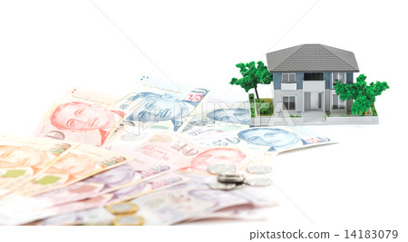 Miniature house with Singapore paper currency and coins Miniature house with Singapore paper currency and coins 14183079