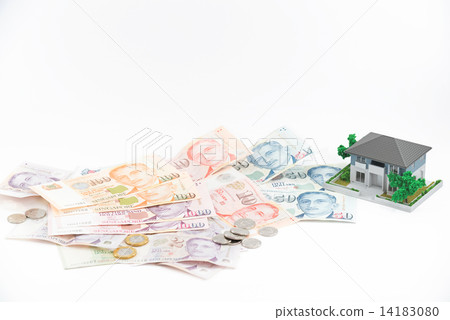 Miniature house with Singapore paper currency and coins 14183080