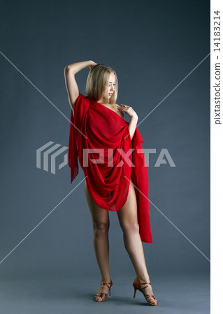 Leggy nude dancer posing with red cloth 14183214