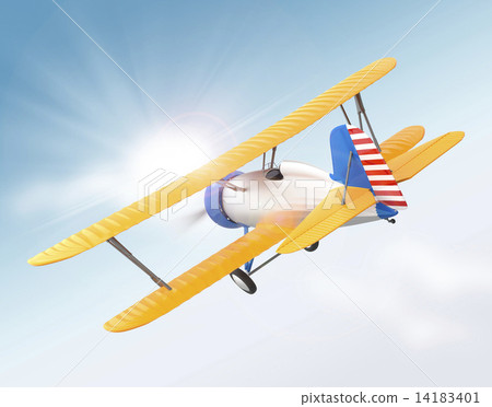 Yellow biplane fly towards the sun Yellow biplane fly towards the sun 14183401
