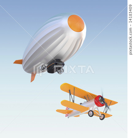 飛艇和雙翼飛機在天空中飛翔 飛艇和雙翼飛機在天空中飛翔 14183409