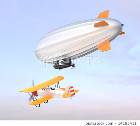 Airships and biplanes fly in the sky 14183411