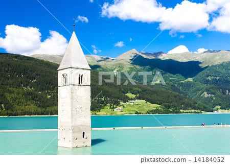 tower of sunken church in Resia lake, South Tyrol, Italy tower of sunken church in Resia lake, South Tyrol, Italy 14184052