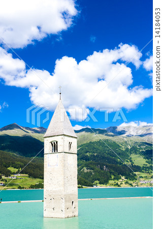 tower of sunken church in Resia lake, South Tyrol, Italy 14184053