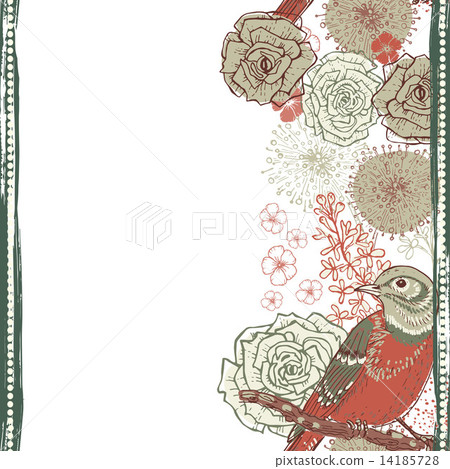 Hand drawn  floral vertical seamless border with bird 14185728