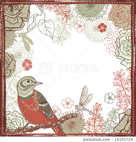 Hand drawn  shabby vintage  frame with bird 14185729