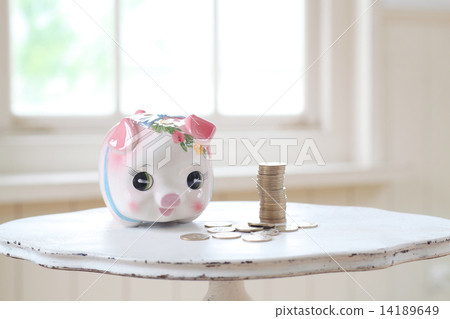 500日元硬幣和豬存錢罐 14189649