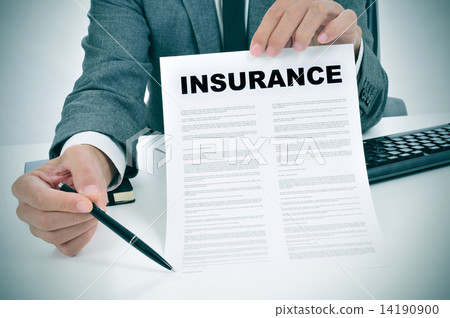 young man in suit showing an insurance policy 14190900