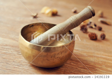 tibetan singing bowl on a wooden table 14191119