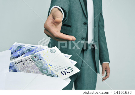 man taking an envelope full of pound sterling bills 14191683