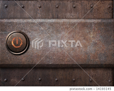 power button on rusty metal texture as steam punk background 14193145