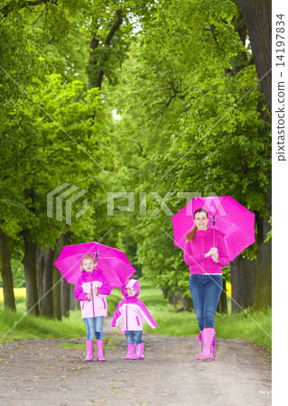 mother and her daughters with umbrellas in spring alley mother and her daughters with umbrellas in spring alley 14197834