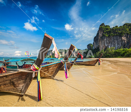 Long tail boats on beach, Thailand 14198816