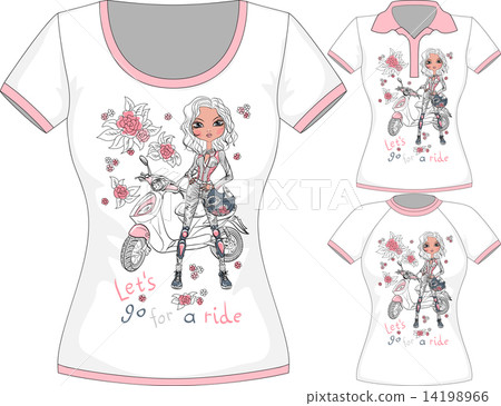 Vector T-shirt with fashion girl and scooter 14198966